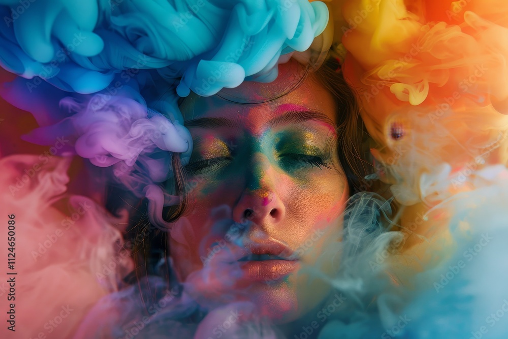 In a serene indoor setting, a woman with closed eyes is enveloped in swirling clouds of colorful smoke, evoking a sense of peace and artistic expression. In a serene indoor setting, a woman with closed eyes is enveloped in swirling clouds of colorful smoke, evoking a sense of peace and artistic expression.