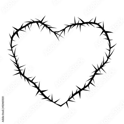 Thorn stem vine plant with spikes simple border heart y2k creepy branch. Barbed wire tattoo. Boundary frame. Romantic goth