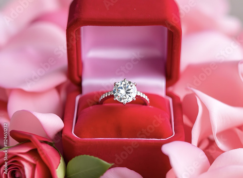 An elegant diamond engagement ring in a red velvet box surrounded by rose petals. photo