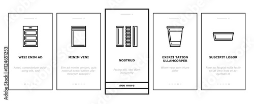 plastic packaging food container onboarding mobile vector bag bottle, pack box, product, tableware jar, blister, tray, sachet, wrap, pod tub plastic packaging food container illustrations