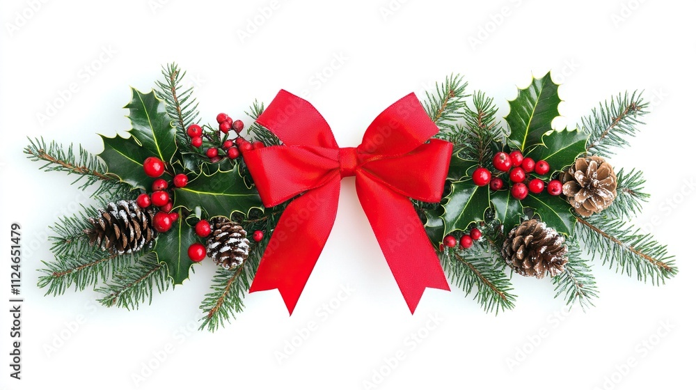 Festive Christmas background featuring holly, mistletoe, and red ribbon on a pristine white backdrop. Elegant holiday decoration with a bow and pine cones Festive Christmas background featuring holly, mistletoe, and red ribbon on a pristine white backdrop. Elegant holiday decoration with a bow and pine cones
