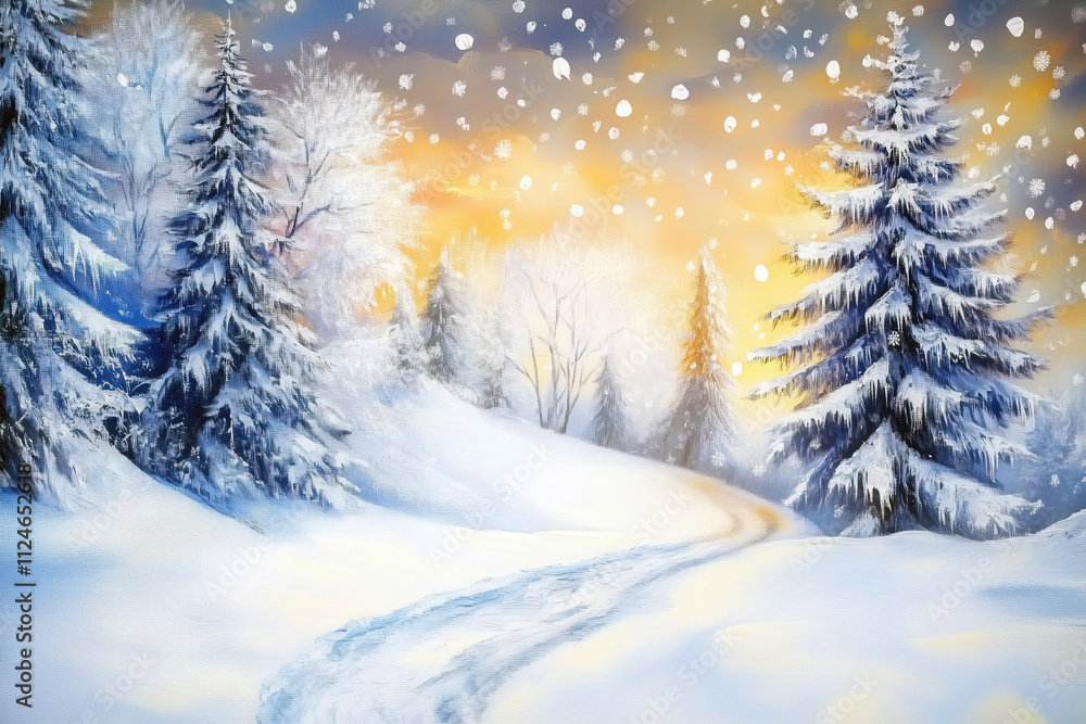 Winter view of falling snow and snow covered trees with path to the warm sunlight, festive magical winter background. Painting on canvas Winter view of falling snow and snow covered trees with path to the warm sunlight, festive magical winter background. Painting on canvas
