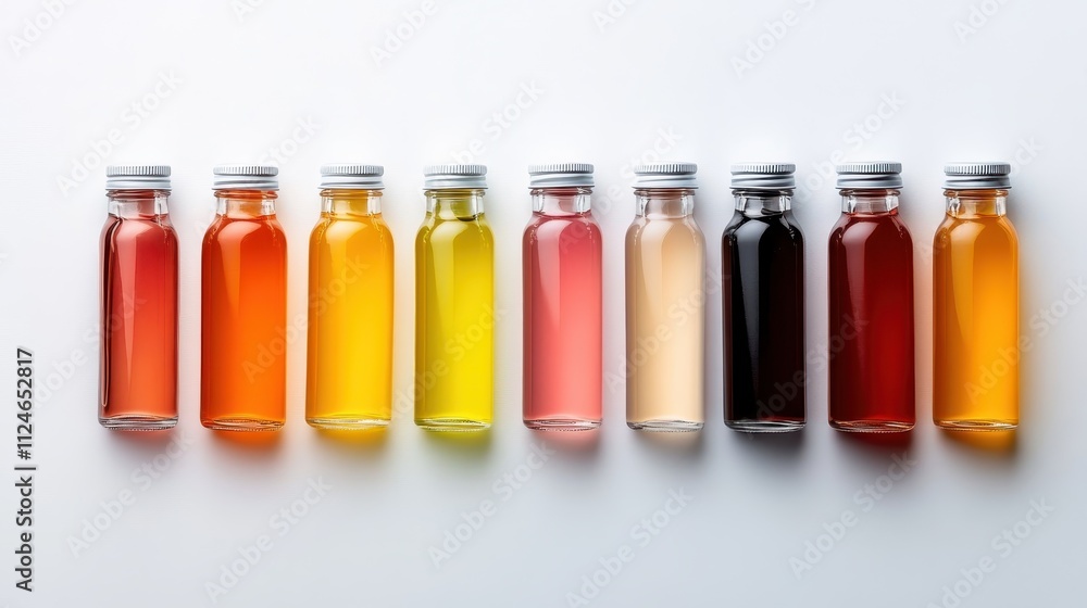 A neatly arranged row of elegant glass bottles filled with various liquids shines under natural lighting, emphasizing themes of elegance, order, and modernity. A neatly arranged row of elegant glass bottles filled with various liquids shines under natural lighting, emphasizing themes of elegance, order, and modernity.