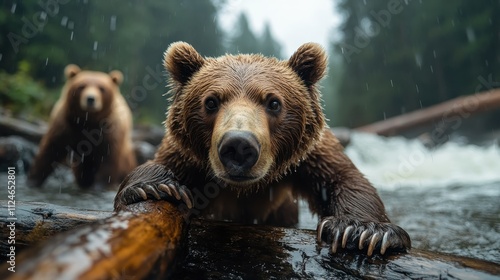 A bear intensely focuses as it climbs onto a log across a flowing river in a lush forest, exemplifying strength and determination amidst the verdant beauty of nature. photo