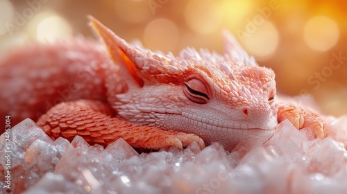 A serene pink lizard peacefully sleeping on white crystals, basking in warm golden light, creating a sense of calmness and tranquility in the scene.