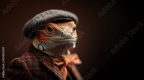 A lizard dressed in sophisticated attire featuring a hat and bow tie, merging the worlds of wildlife and fashion in a captivating and humorous juxtaposition.