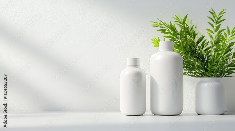 A minimalist composition featuring two sleek bottles against a stark background, accompanied by fresh green foliage in a small ceramic vase. Natural light streams gently.