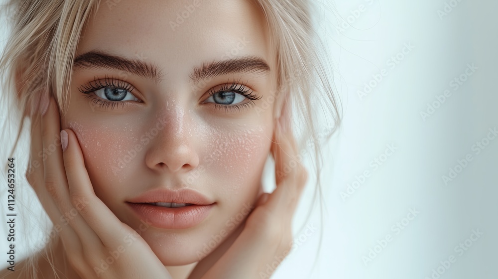 Naklejka premium Young woman with striking blue eyes and natural makeup gently touching her face in soft light
