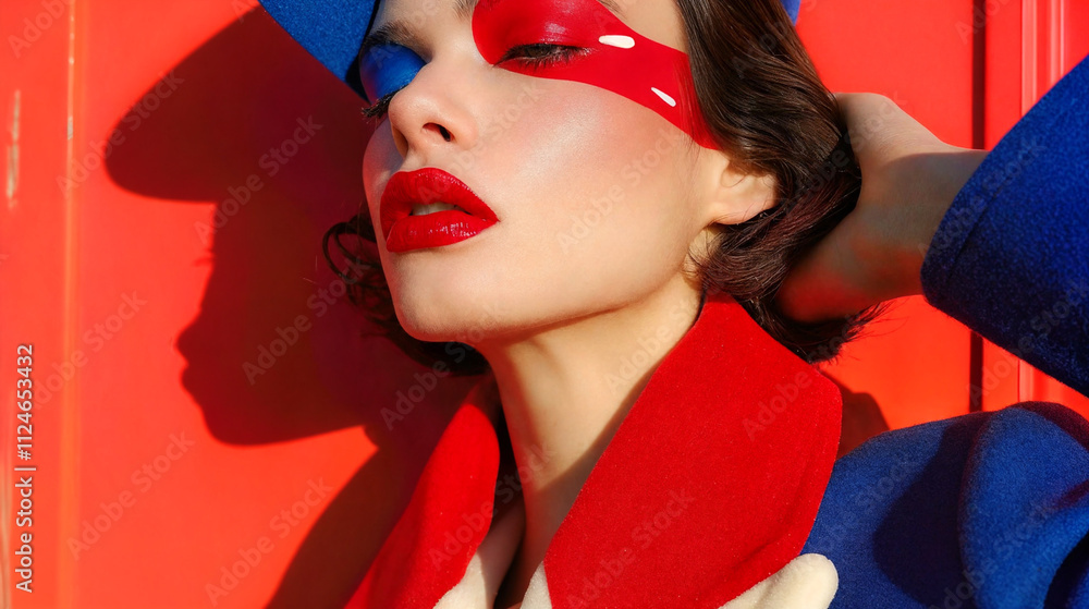 A model wearing a blue coat with a red scarf standing in front of a bright red background. The person has a striking red eye makeup and red lipstick A model wearing a blue coat with a red scarf standing in front of a bright red background. The person has a striking red eye makeup and red lipstick