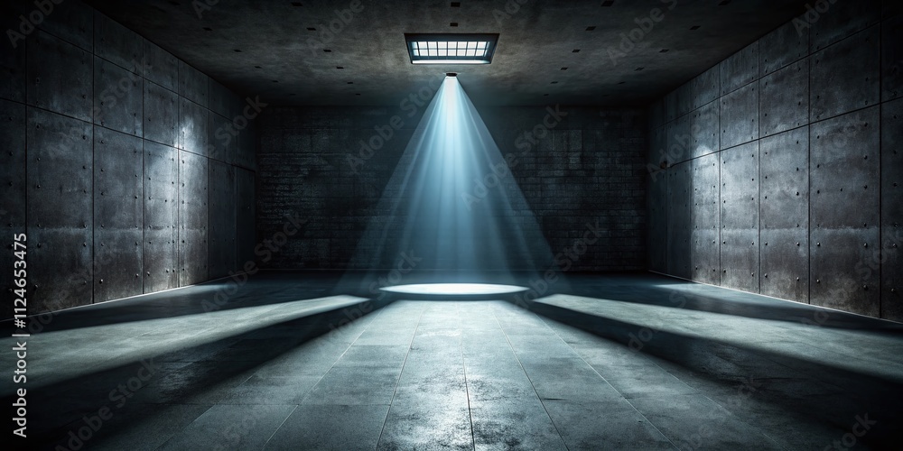 Aerial View of a Single Spotlight Illuminating a Dark, Empty Room with Shadows Creating an Eerie and Mysterious Atmosphere Aerial View of a Single Spotlight Illuminating a Dark, Empty Room with Shadows Creating an Eerie and Mysterious Atmosphere