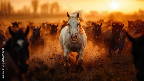 A stunning white horse majestically leads a herd through a dusty field at sunset, creating a captivating and powerful image of movement and nature's beauty. photo