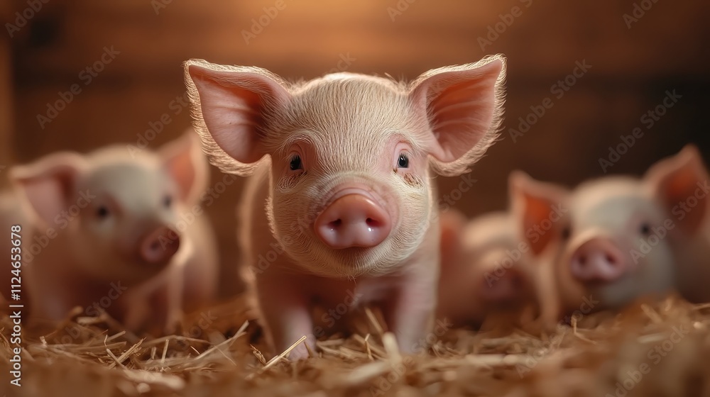 A curious piglet stands amidst straw, casting a delightful and heartwarming scene as the barn's warm glow enhances the gentle countryside feel. A curious piglet stands amidst straw, casting a delightful and heartwarming scene as the barn's warm glow enhances the gentle countryside feel.