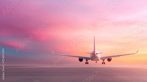 A modern airplane gracefully lands on a runway with a stunning sunset background, showcasing the elegance of aviation and the beauty of the evening sky. photo