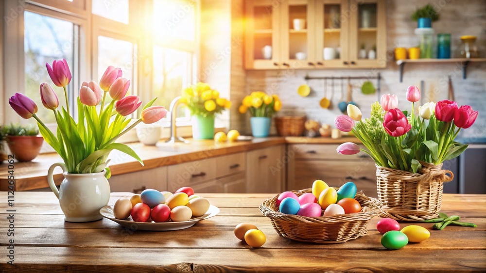 Aerial View of a Spring-Inspired Kitchen Table Decorated with Easter Eggs and Pink Tulips Bathed in Natural Light from a Window Aerial View of a Spring-Inspired Kitchen Table Decorated with Easter Eggs and Pink Tulips Bathed in Natural Light from a Window