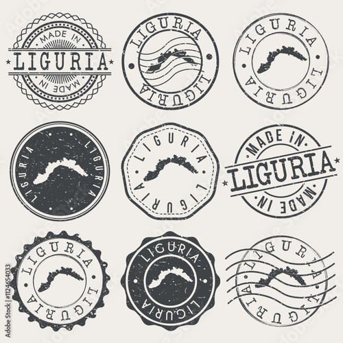 Liguria, Italy Set of Stamps. Country Travel Marks. Made In Product. Design Seals Old Style Insignia.