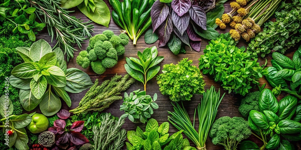 Obraz premium Aerial View of Assorted Fresh Greenery Displayed Together in a Vibrant Arrangement, Showcasing Various Leafy Plants and Natural Textures for Healthy Living and Culinary Use