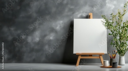 An easel with an empty canvas stands next to fresh green foliage and assorted paintbrushes, suggesting artistic freshness and potential creativity in the making. photo