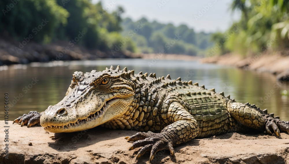 Fototapeta premium Crocodile Sunbathing by River