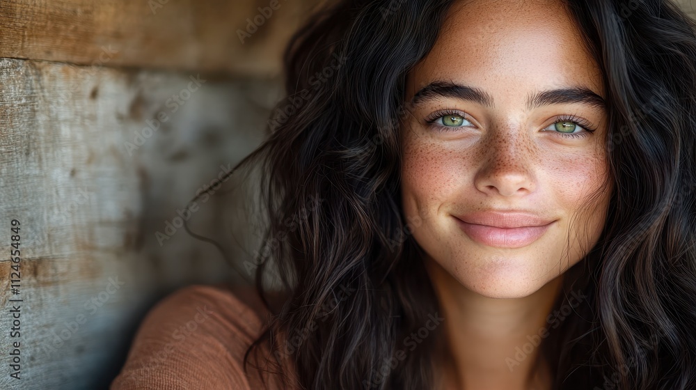 A woman with tousled dark hair and light freckles appears with a big smile, leaning sideway against a rustic wooden wall, in a relaxed and candid pose. A woman with tousled dark hair and light freckles appears with a big smile, leaning sideway against a rustic wooden wall, in a relaxed and candid pose.