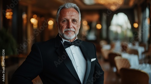 An older man exudes confidence while impeccably dressed in a tuxedo at an elegant event setting, with soft lights and mature grace encapsulating timeless class. photo