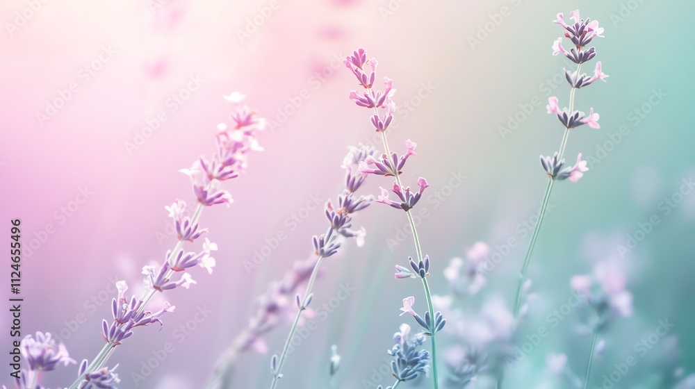 Obraz premium A field of lavender flowers in soft focus with a warm, pink sunset in the background.