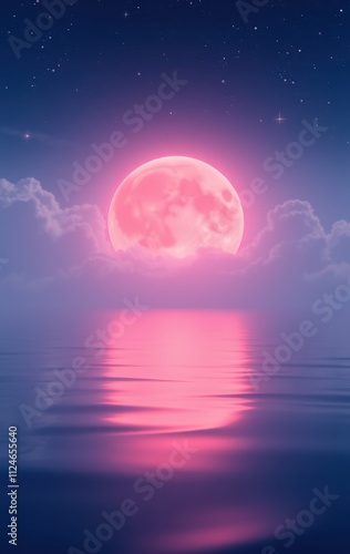 Pink Moon Rising Over Calm Ocean Waters At Night photo