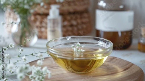 Natural Beauty Glass Bowl with Jojoba Oil and Jojoba Seeds, Showcasing Organic Skincare and Hydration Benefits. Generative AI photo