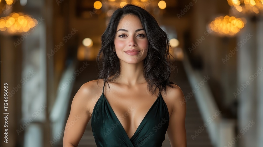 A graceful woman poses in a luxurious setting, showcasing a deep green dress under warm ambient lighting, exuding elegance and sophistication. A graceful woman poses in a luxurious setting, showcasing a deep green dress under warm ambient lighting, exuding elegance and sophistication.