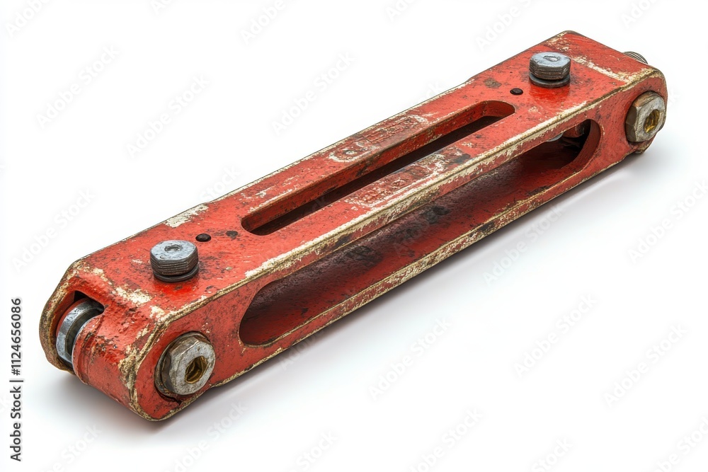 Fototapeta premium A worn, red metal component used in machinery or vehicles for structural support.