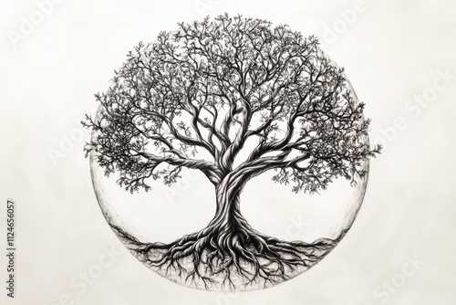 A tattoo sketch of a tree of life, with intricate roots and branches forming a symmetrical design, space for text. photo