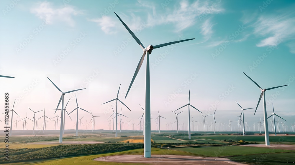 Wide-Angle View of Wind Turbines in Wind Farm for Clean Energy and Sustainable Power Wide-Angle View of Wind Turbines in Wind Farm for Clean Energy and Sustainable Power