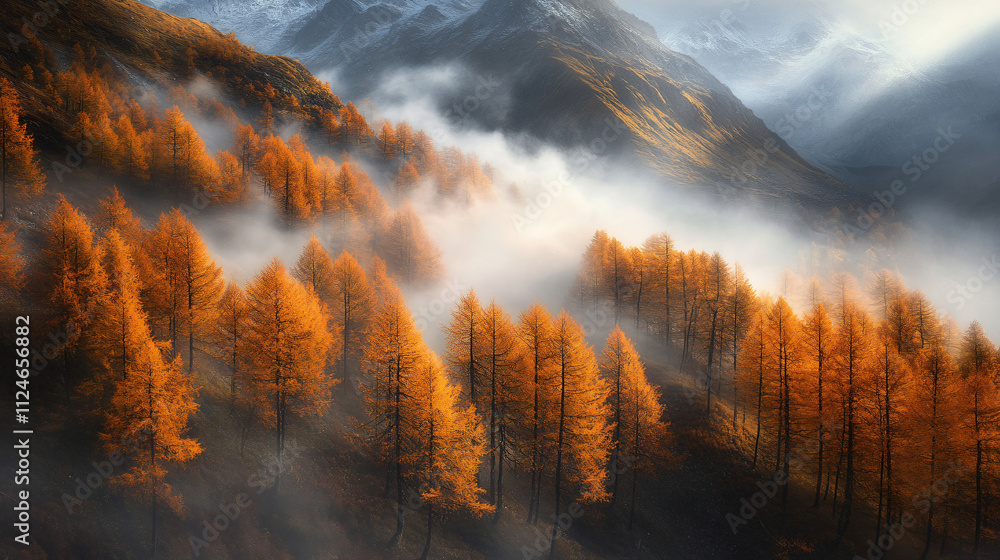 A serene autumn morning in the Alps, with mist rising from the forest floor, and golden trees creating a soft glow against the mountains.