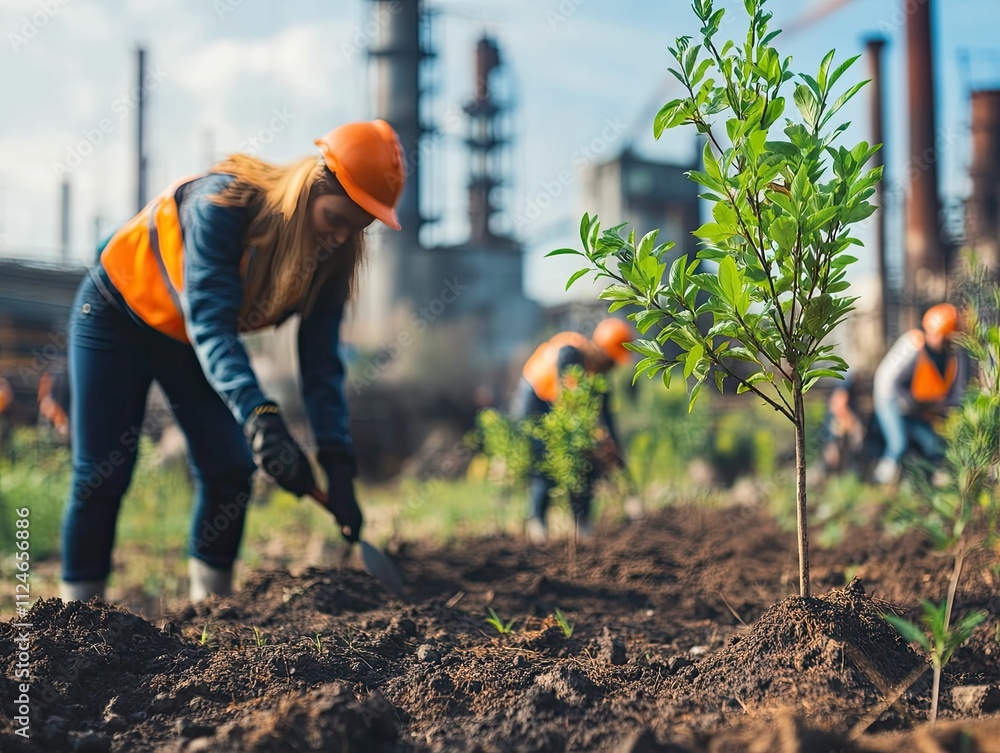 Workers planting trees near industrial site. Workers planting trees near industrial site.