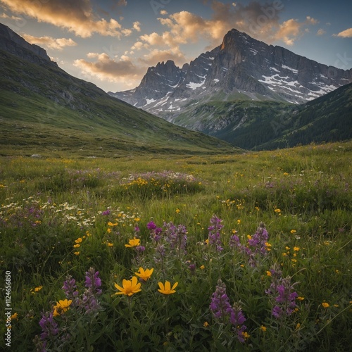 A wildflower meadow leading to a rugged mountain backdrop.