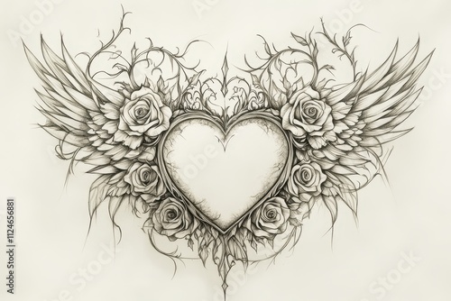 Fototapeta Naklejka Na Ścianę i Meble -  A tattoo sketch of a heart with wings, surrounded by roses and thorns, with intricate shading, space for text.