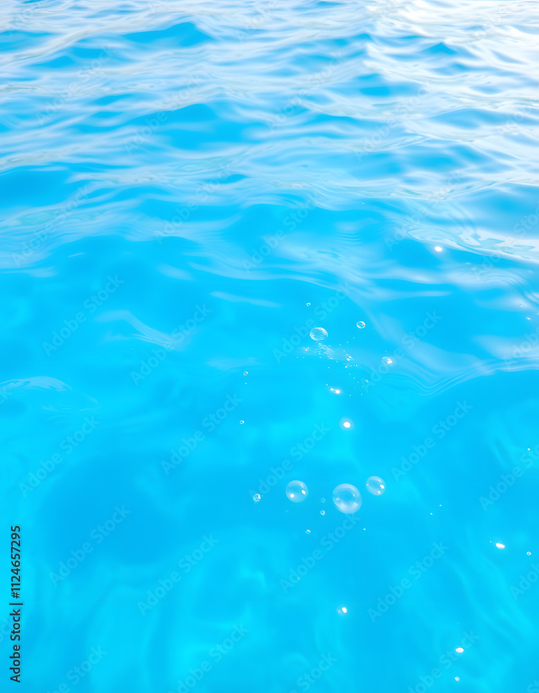 Blue water with ripples on the surface. Defocus blurred transparent blue colored clear calm water surface texture with splashes and bubbles. Water waves with shining pattern texture background, angl Blue water with ripples on the surface. Defocus blurred transparent blue colored clear calm water surface texture with splashes and bubbles. Water waves with shining pattern texture background, angl