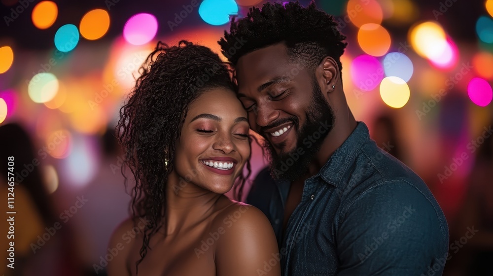 A couple shares a joyous moment together, embracing with smiles amidst a backdrop of vibrant, colorful lights, symbolizing love, happiness, and celebration at night. A couple shares a joyous moment together, embracing with smiles amidst a backdrop of vibrant, colorful lights, symbolizing love, happiness, and celebration at night.