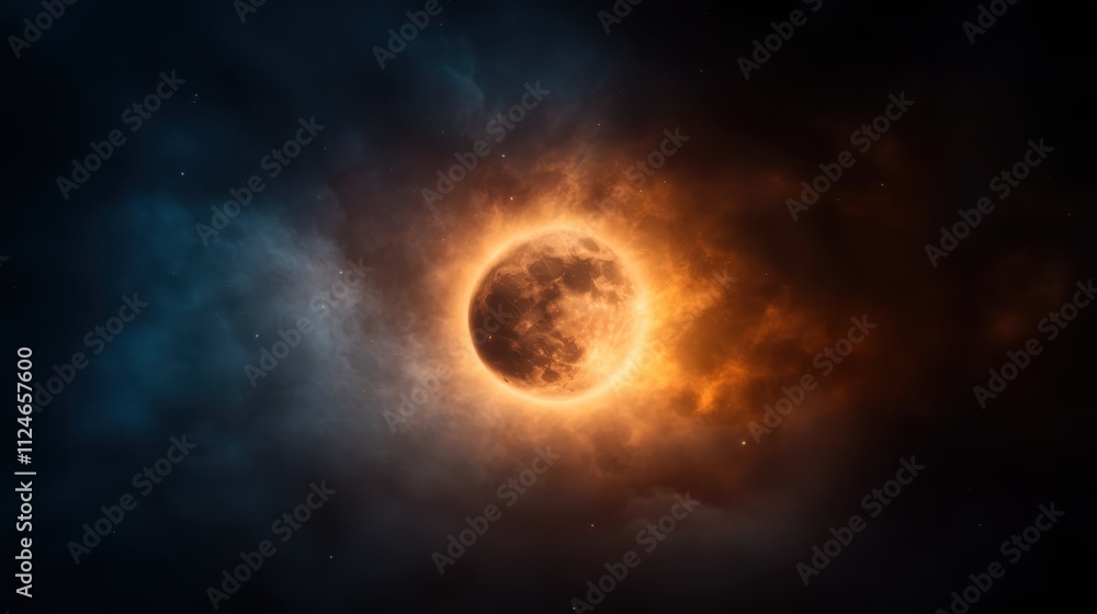 An intense celestial event, portraying an eclipse with an orange fiery corona against a dramatic, contrasting blue sky backdrop, capturing both power and serenity. An intense celestial event, portraying an eclipse with an orange fiery corona against a dramatic, contrasting blue sky backdrop, capturing both power and serenity.