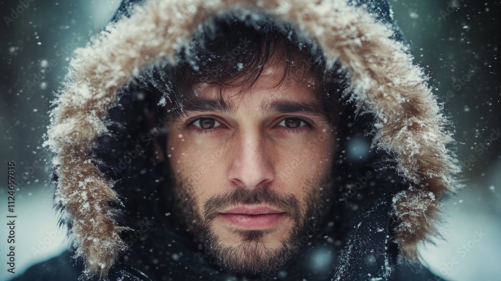 A Man's Face Hidden by a Fur-Lined Hood in the Snow A Man's Face Hidden by a Fur-Lined Hood in the Snow