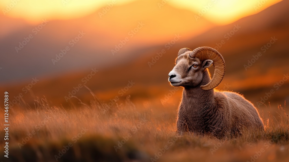A majestic bighorn sheep sits peacefully in a sunlit mountainous landscape, highlighting the beauty of nature and evoking a sense of tranquility and freedom. A majestic bighorn sheep sits peacefully in a sunlit mountainous landscape, highlighting the beauty of nature and evoking a sense of tranquility and freedom.