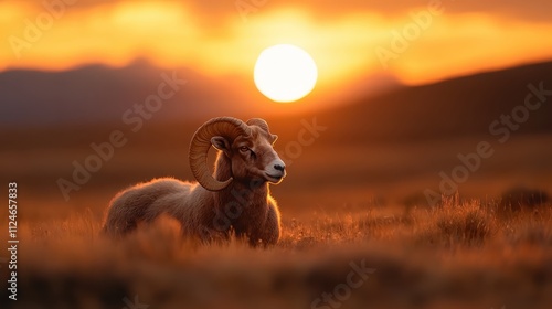 The silhouette of a solitary ram is captured against a breathtaking sunset, showcasing its majestic horns while the vast open landscape evokes freedom and introspection. photo