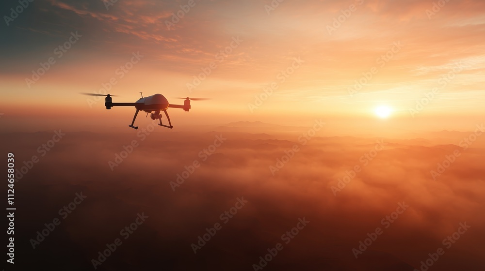 A drone gracefully navigates the early morning sky, silhouetted against a stunning sunrise with mountains in the distance, capturing dawn's serenity. A drone gracefully navigates the early morning sky, silhouetted against a stunning sunrise with mountains in the distance, capturing dawn's serenity.