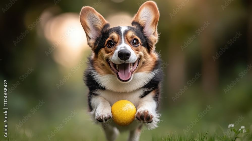 A joyful corgi dog runs energetically with a yellow ball in its mouth, displaying excitement and liveliness against a soft, blurred background. A joyful corgi dog runs energetically with a yellow ball in its mouth, displaying excitement and liveliness against a soft, blurred background.