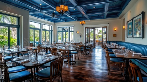 A restaurant with a blue ceiling and tables with chairs. The tables are set with silverware and glasses