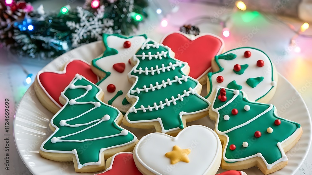 Obraz premium Soft frosted sugar cookies with holiday-themed designs, arranged on white plate with Christmas wreath and colorful lights in background