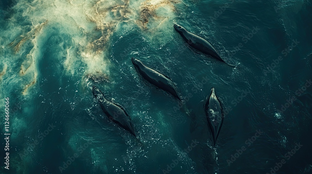 Naklejka premium Four seals swim teal ocean water.