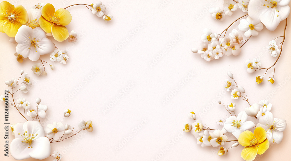 Flat lay photo pink frame background with yellow and white flowers, with space for text Flat lay photo pink frame background with yellow and white flowers, with space for text