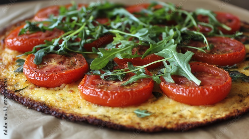 a homemade pizza with a whole-grain crust, topped with fresh tomatoes, arugula, and a light drizzle of olive oil. a homemade pizza with a whole-grain crust, topped with fresh tomatoes, arugula, and a light drizzle of olive oil.
