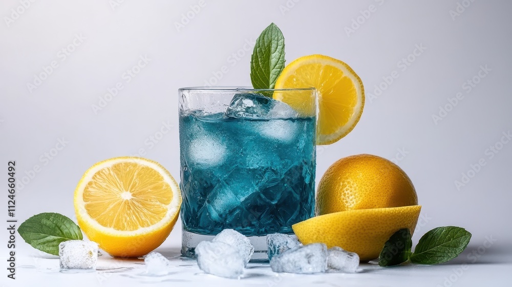 A classic blue beverage set against a bright background, served with ice cubes and a lemon garnish, exuding freshness and a zesty appeal for a refreshing moment. A classic blue beverage set against a bright background, served with ice cubes and a lemon garnish, exuding freshness and a zesty appeal for a refreshing moment.