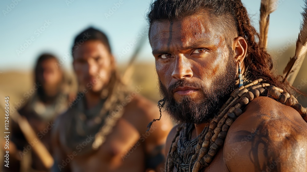 A powerful tribal warrior with striking facial paint and elaborate adornments stands with a fierce gaze, embodying strength, pride, and a sense of cultural identity. A powerful tribal warrior with striking facial paint and elaborate adornments stands with a fierce gaze, embodying strength, pride, and a sense of cultural identity.